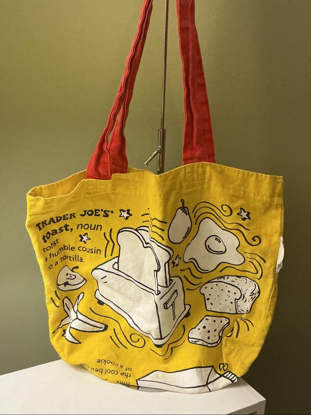 Trader Joe's Breakfast Theme Yellow Canvas Tote with Red Handles Toast Eggs